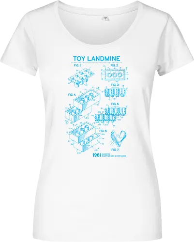 Toy Trap Blueprint - Lego, legos, funny, bricks, lego blueprint, blueprint, inventor, toys on floor, dad, fathers day, humour, toy mat, box of toys, foot, standing on toys - Women T-Shirt