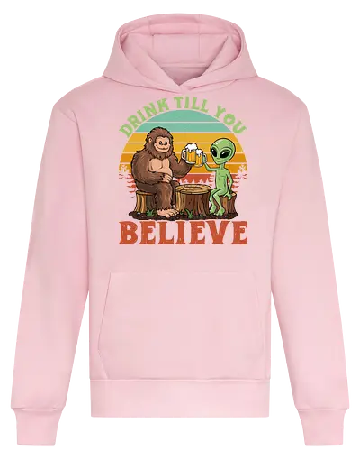 Drink Till You Believe - sasquatch, alien, beer, sunset, retro, humorous, friendship, surreal, typography, forest. - Heavyweight Hoodie