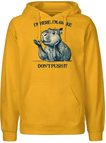 I’m Here I’m Awake - I’m here, I’m awake, don’t push it, capybara, lazy humor, introvert, sarcastic quote, chill vibes, morning mood, sleepy animal - Fairtrade Hoodie