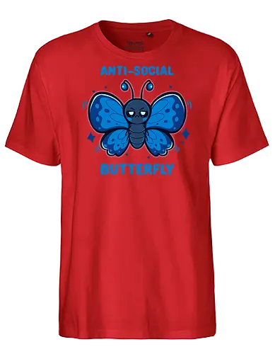 Anti Social Butterfly - sarcastic, mood, moody, relatable, attitude, blue butterfly, social anxiety, introverted, funny, asozialer Schmetterling, Schmetterling, unsozial, sozialer Schmetterling, introvertiert, mürrisch, sarkastisch, anti social butterfly, butterfly, antisocial, social butterfly, introvert, grumpy - Fairtrade T-Shirt