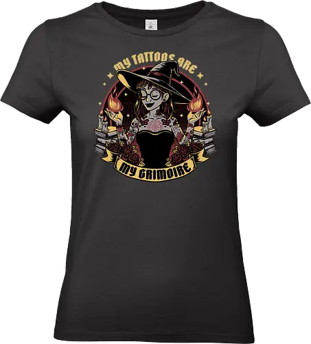 Witch Tattoo Grimoire - Books, Occult, Occultism, Roses, Woman, Pinup, Witch, Bewitched, Witch, Witches, Witchcraft, Magic, Magical, Dark Fantasy, Fantasy, Ritual, Spells, Spell, Spell Book, Tattoo, Tattoos, Traditional Tattoo - Standard T-Shirt (Women)