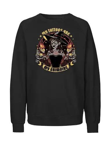 Witch Tattoo Grimoire - Books, Occult, Occultism, Roses, Woman, Pinup, Witch, Bewitched, Witch, Witches, Witchcraft, Magic, Magical, Dark Fantasy, Fantasy, Ritual, Spells, Spell, Spell Book, Tattoo, Tattoos, Traditional Tattoo - Fairtrade Sweatshirt