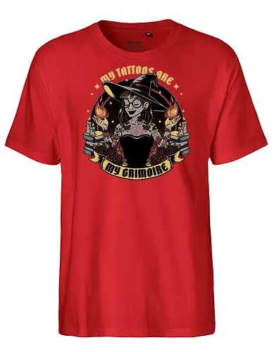 Witch Tattoo Grimoire - Books, Occult, Occultism, Roses, Woman, Pinup, Witch, Bewitched, Witch, Witches, Witchcraft, Magic, Magical, Dark Fantasy, Fantasy, Ritual, Spells, Spell, Spell Book, Tattoo, Tattoos, Traditional Tattoo - Fairtrade T-Shirt