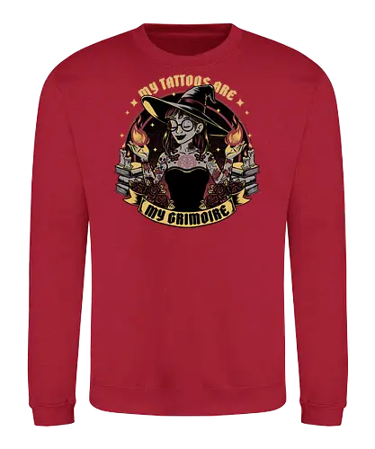 Witch Tattoo Grimoire - Books, Occult, Occultism, Roses, Woman, Pinup, Witch, Bewitched, Witch, Witches, Witchcraft, Magic, Magical, Dark Fantasy, Fantasy, Ritual, Spells, Spell, Spell Book, Tattoo, Tattoos, Traditional Tattoo - Sweatshirt