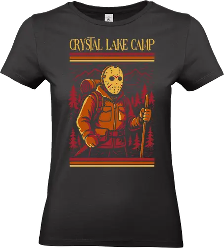 Retro Slasher Camping - slasher style, horror art, retro horror, vintage camping, spooky woods, 80s aesthetic, creepy design, horror movie vibe, masked figure, spooky camping, cult horror, pop culture horror, Halloween art, funny horror, dark humor, survival horror, creepy forest, mysterious hiker, horror collectible, retro slasher, Redbubble horror, Threadless design, indie horror art, spooky outdoors - Standard T-Shirt (Women)