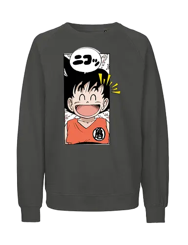 happy goku - manga, anime, character, cheerful, speech bubble, japanese text, smile, orange outfit, spiky hair, joyful - Fairtrade Sweatshirt