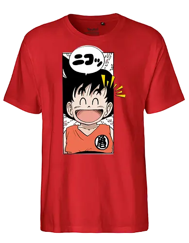 happy goku - manga, anime, character, cheerful, speech bubble, japanese text, smile, orange outfit, spiky hair, joyful - Fairtrade T-Shirt