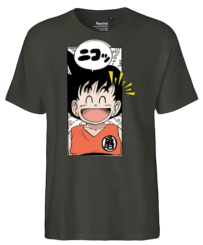 happy goku - manga, anime, character, cheerful, speech bubble, japanese text, smile, orange outfit, spiky hair, joyful - Fairtrade T-Shirt