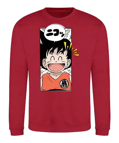 happy goku - manga, anime, character, cheerful, speech bubble, japanese text, smile, orange outfit, spiky hair, joyful - Sweatshirt