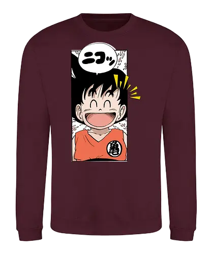 happy goku - manga, anime, character, cheerful, speech bubble, japanese text, smile, orange outfit, spiky hair, joyful - Sweatshirt