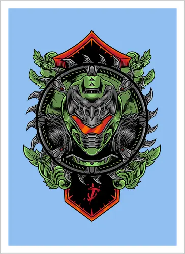 demon hunter  - hunter, cool, helmet, demon, bounty, robot, cyborg, vintage, classic, sword, 80s, 90s, war - Artprint