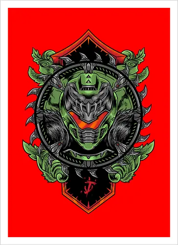 demon hunter  - hunter, cool, helmet, demon, bounty, robot, cyborg, vintage, classic, sword, 80s, 90s, war - Artprint