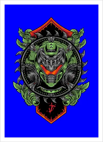 demon hunter  - hunter, cool, helmet, demon, bounty, robot, cyborg, vintage, classic, sword, 80s, 90s, war - Artprint