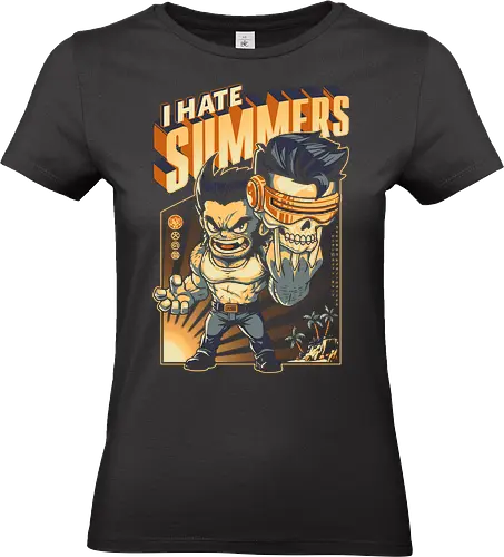 I Hate Summers - comic, funny, chibi, humor, parody, beach, vacation, sunshine, summertime, surfing, summer vibes, ice cream, sunset, sun, tropical, cartoon, adamantium, Antihero, hugh jackman, logan, Comic, retro, vintage, superhero, Superhero, Superhero, mutant, jean grey, cyclops, ryan reynolds, wade wilson, Magnet, proffesor x, scott summers - Standard T-Shirt (Women)