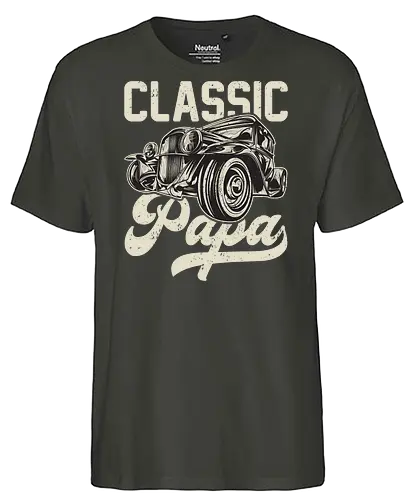 Classic Papa - vintage car, retro design, classic automobile, dark background, typography, antique, vehicle illustration, nostalgic, retro font, stylish design - Fairtrade T-Shirt