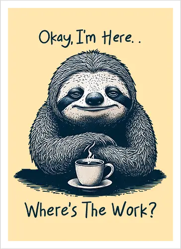 Where’s The Work? - office life, relatable, humor, funny, sloth, salary, employee, job, i’m here, okay, where’s the work, sarcastic, sarcasm - Artprint