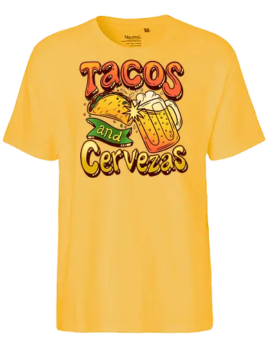 Tacos And Cervezas - Taco Tuesday Celebration - taco tuesday, beer, cerveza, cinco de mayo, drinking, fiesta, food lover, i love tacos, mexican, mexican food, taco lover, tacos, tacos lover, beer lover gift, tacos lover gift - Fairtrade T-Shirt
