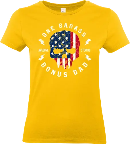 One Badass Bonus Dad - skull, american flag, typography, bonus dad, stepdad, patriotic, distressed design - Standard T-Shirt (Women)