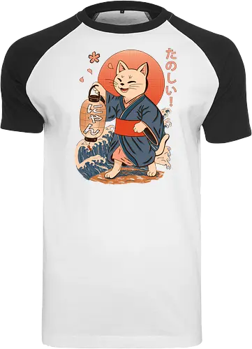 ukiyo-e style cat – japanese - festival kimono cat, lantern neko vibe, wavy samurai cat, blossom temple feline, vintage matsuri mood, red sun neko, joyful kimono cat, happy feline festival, kawaii wave cat, japanese lantern joy, zen festival friend - Raglan T-Shirt