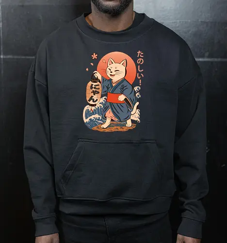 ukiyo-e style cat – japanese - festival kimono cat, lantern neko vibe, wavy samurai cat, blossom temple feline, vintage matsuri mood, red sun neko, joyful kimono cat, happy feline festival, kawaii wave cat, japanese lantern joy, zen festival friend - Cropped Sweatshirt