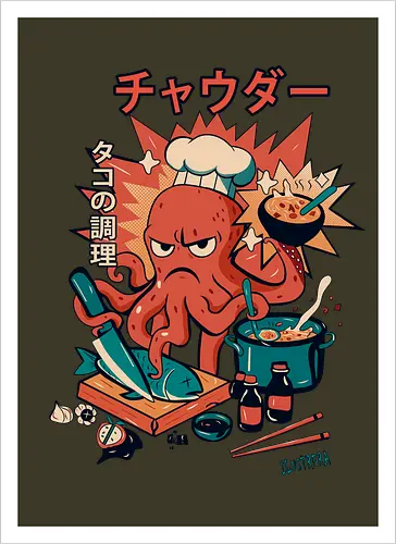 Angry Octo Chef: Ramen Rampage - angry ramen octopus, japanese food chaos, comic sushi master, funny chef fury, angry cook scene, tentacle kitchen fight, kawaii food attack, ramen pot monster street food comic, spicy dish splash, japanese lunch drama, ushi blade fury, ooking beast mode, comic tentacle twist - Artprint