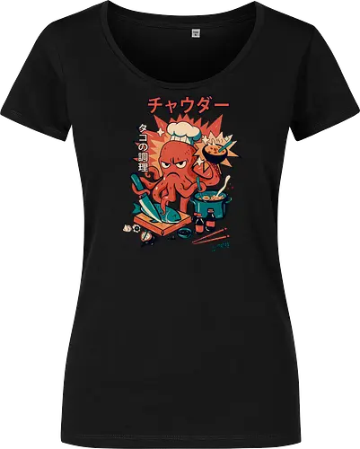 Angry Octo Chef: Ramen Rampage - angry ramen octopus, japanese food chaos, comic sushi master, funny chef fury, angry cook scene, tentacle kitchen fight, kawaii food attack, ramen pot monster street food comic, spicy dish splash, japanese lunch drama, ushi blade fury, ooking beast mode, comic tentacle twist - Women T-Shirt