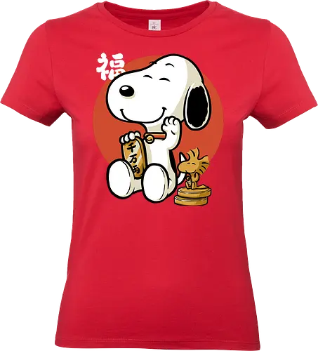 Luck Money Beagle - Money, Cereal, Lucky Cat, Lucky, Good Luck, Luck, Japanese, Kanji, Classic, Vintage, Retro, Retro Vintage, Comic, Comics, Dog, Pet, Bird, Gold - Standard T-Shirt (Women)