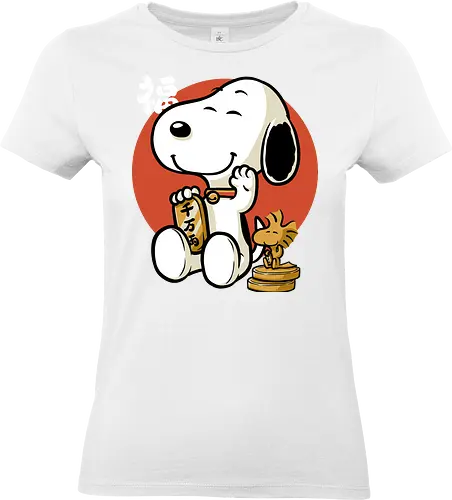 Luck Money Beagle - Money, Cereal, Lucky Cat, Lucky, Good Luck, Luck, Japanese, Kanji, Classic, Vintage, Retro, Retro Vintage, Comic, Comics, Dog, Pet, Bird, Gold - Standard T-Shirt (Women)
