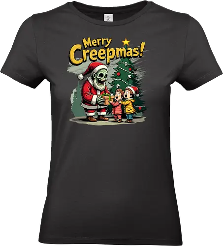 Merry Creepmas! - skeleton, santa claus, christmas tree, gift, children, surprise, holiday, humorous, spooky, text - Standard T-Shirt (Women)