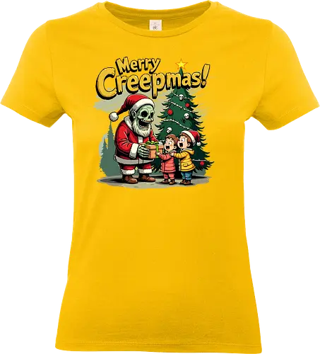 Merry Creepmas! - skeleton, santa claus, christmas tree, gift, children, surprise, holiday, humorous, spooky, text - Standard T-Shirt (Women)