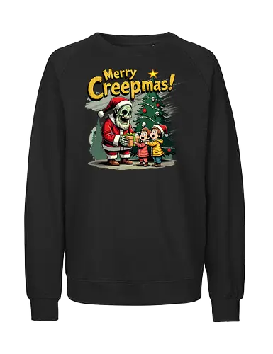 Merry Creepmas! - skeleton, santa claus, christmas tree, gift, children, surprise, holiday, humorous, spooky, text - Fairtrade Sweatshirt