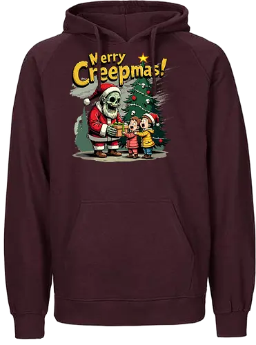 Merry Creepmas! - skeleton, santa claus, christmas tree, gift, children, surprise, holiday, humorous, spooky, text - Fairtrade Hoodie