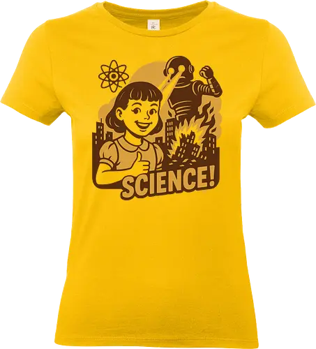 science  love - retro, robot, lasers, explosion, child, thumbs-up, cityscape, science fiction, atomic symbol, destruction - Standard T-Shirt (Women)