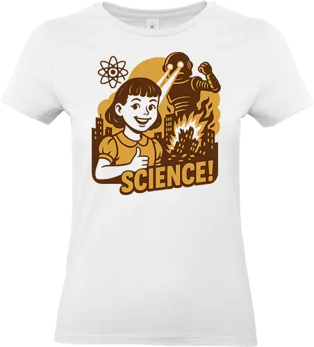 science  love - retro, robot, lasers, explosion, child, thumbs-up, cityscape, science fiction, atomic symbol, destruction - Standard T-Shirt (Women)