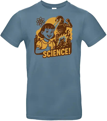 science  love - retro, robot, lasers, explosion, child, thumbs-up, cityscape, science fiction, atomic symbol, destruction - Standard T-Shirt
