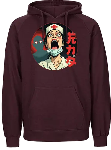 scared nurse - screaming, shadow, red eyes, nurse, japanese text, dark background, fear, expression, manga style, uniform - Fairtrade Hoodie