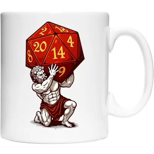 D20 Atlas - not holding the world, but a massive, glowing red D20. A bold fusion of ancient mythology and tabletop RPG culture, it's perfect for RPG fans, fantasy lovers, vivid colors, Carry the weight of fateâ€”with style! This epic design features Atlas, the legendary titan, and dice enthusiasts alike. Each face of the die symbolizes the unpredictability of fate, while Atlas represents the strength it takes to bear it. Striking artwork, and a clever twist on classic loreâ€”this design is a critical hit for any adventurer at heart. aesthetic, atlas, cool, critical hit, d20, dices, dragon, dungeon, funny tee, gaming, geek, greek statue, illustration, retro tee, roleplay, rpg, rpg dices, vintage, lm2kone, auto_awesome Essayez avec : aesthetic, atlas, cool, critical hit, d20, dices, dragon, dungeon, funny tee, gaming, geek, greek statue, illustration, retro tee, roleplay, rpg, rpg dices, vintage, lm2 kone, 174 / 5 000 Ästhetik, Atlas, Cool, Kritischer Treffer, d20, Würfel, Drache, Dungeon, Lustiges T-Shirt, Gaming, Geek, Griechische Statue, Illustration, Retro-T-Shirt, Rollenspiel, RPG, RPG-Würfel, Vintage, lm2kone - Cup