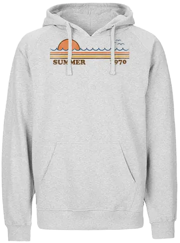 Summer 1970 - Summer, summertime, beach, surf, surfing, waves, oceans, minimal, vintage stripes, 70s, 1970 - Fairtrade Hoodie