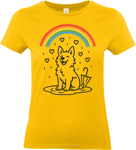 Happy Dog Under Rainbow Rain - happy dog, rainbow, rain, hearts, cute dog, dog lover, pet illustration, whimsical - Standard T-Shirt (Women)