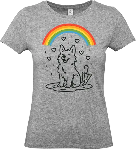 Happy Dog Under Rainbow Rain - happy dog, rainbow, rain, hearts, cute dog, dog lover, pet illustration, whimsical - Standard T-Shirt (Women)