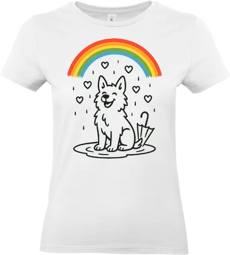 Happy Dog Under Rainbow Rain - happy dog, rainbow, rain, hearts, cute dog, dog lover, pet illustration, whimsical - Standard T-Shirt (Women)
