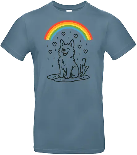 Happy Dog Under Rainbow Rain - happy dog, rainbow, rain, hearts, cute dog, dog lover, pet illustration, whimsical - Standard T-Shirt