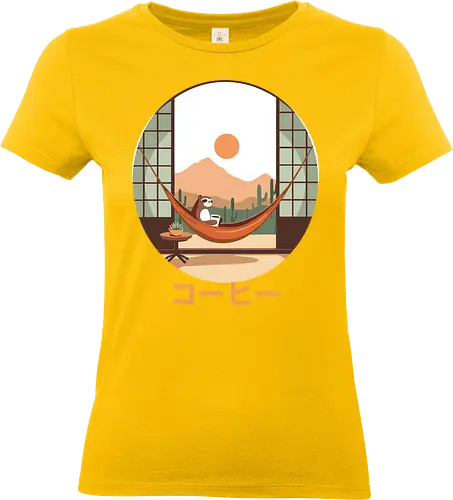Relaxing Sloth in Desert Sunset - cozy, chill, slow living, nature, cute animal, sloth, relaxation, hammock, desert, sunset - Standard T-Shirt (Women)