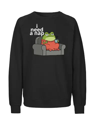 Grumpy Frog Needs a Nap - grumpy frog, nap, tired, cozy, humor, sleepy, funny animal, coffee lover, relaxation - Fairtrade Sweatshirt