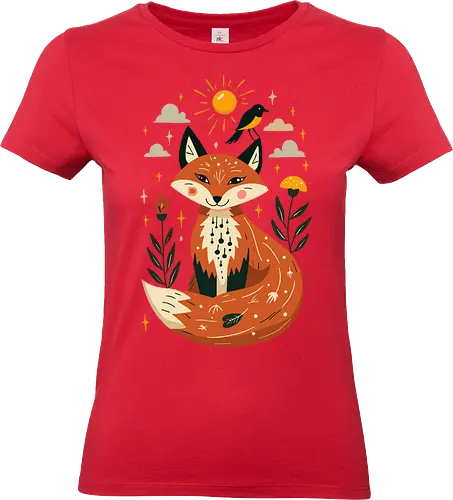 Whimsical Fox Under the Sun - whimsical fox, nature art, woodland animals, mystical, folklore, cute fox, fantasy art, sun and stars - Standard T-Shirt (Women)