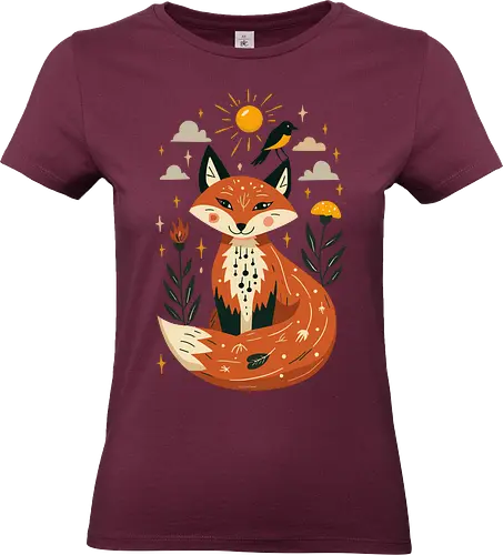 Whimsical Fox Under the Sun - whimsical fox, nature art, woodland animals, mystical, folklore, cute fox, fantasy art, sun and stars - Standard T-Shirt (Women)