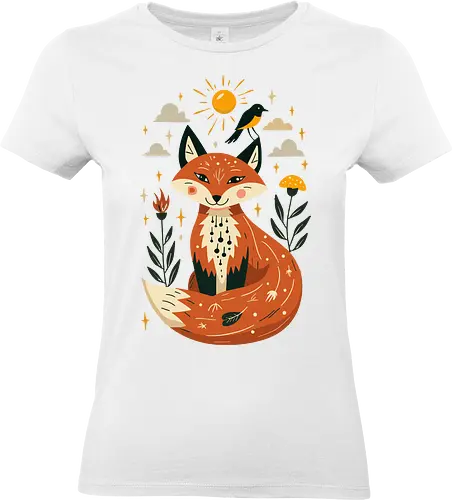 Whimsical Fox Under the Sun - whimsical fox, nature art, woodland animals, mystical, folklore, cute fox, fantasy art, sun and stars - Standard T-Shirt (Women)