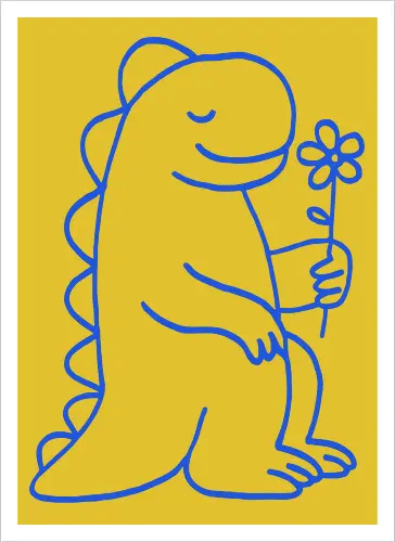 Gentle Blue Dinosaur with Flower