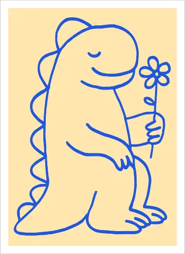 Gentle Blue Dinosaur with Flower