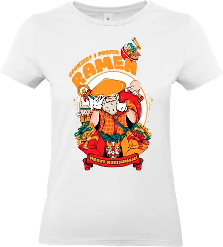 Kekse? Ich steh' mehr auf Ramen - Instantnudeln, japanische Weihnachten, Kawaii-Dämon, Oni-Elfenhelfer, Ramen-Weihnachtsmann, Samurai-Weihnachtsmann, Weihnachtsmann, Weihnachtsmann mit Katana, Weihnachten - Standard T-Shirt (Women)